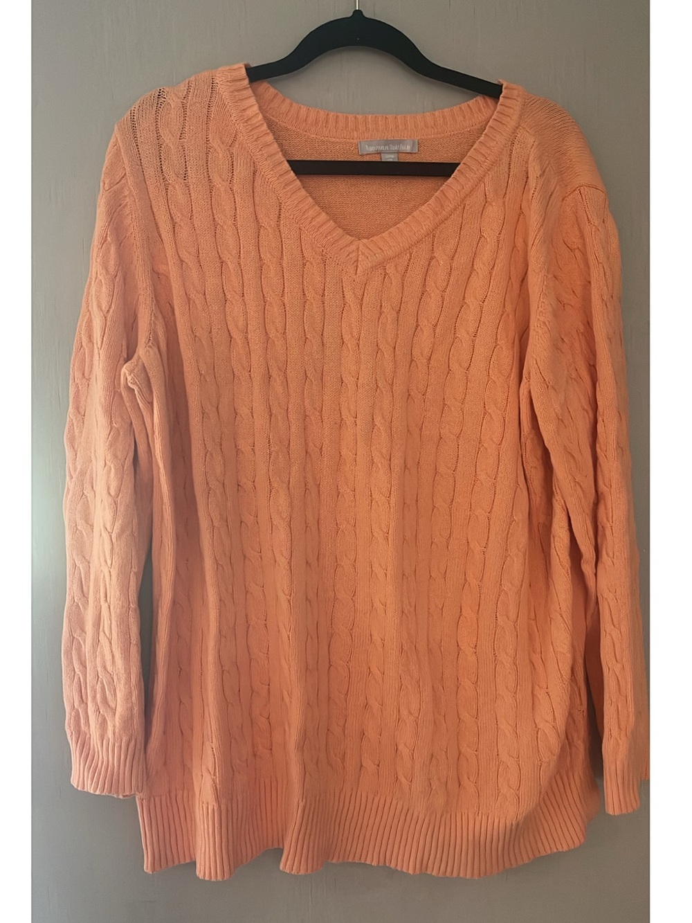 Woman within plus 26/28 2x V-Neck Cable Knit Women's Sweater in Peach Orange